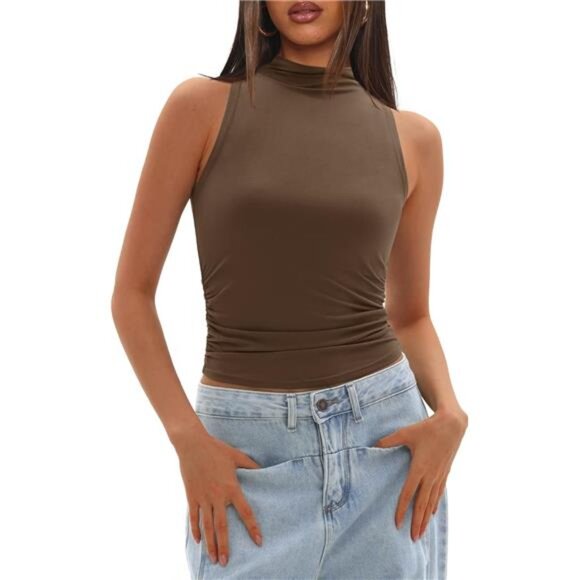 Women's Tank Tops Summer Mock Neck Coffee - Picture 1 of 5